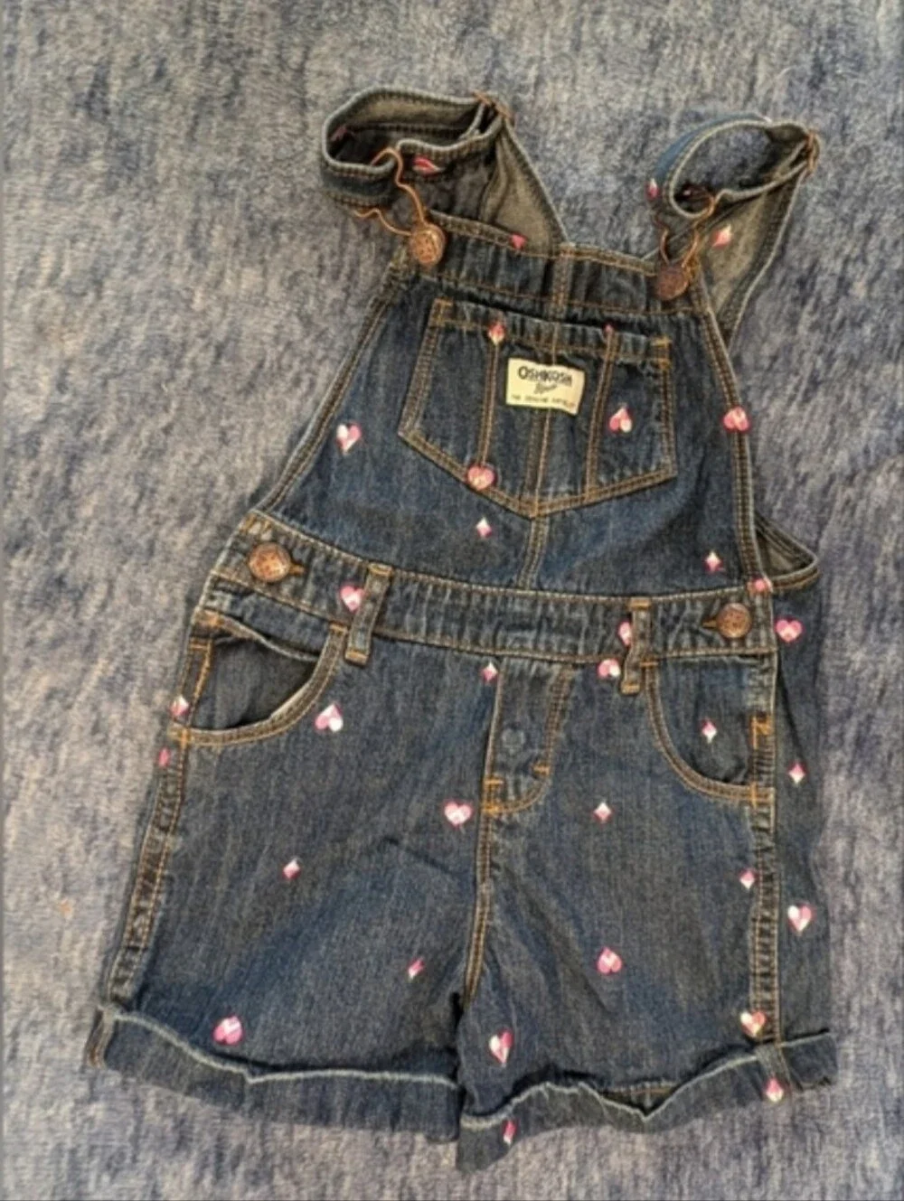 OshKosh B'gosh 4T Girls' Dark Blue Denim Overalls with Pink Heart Print